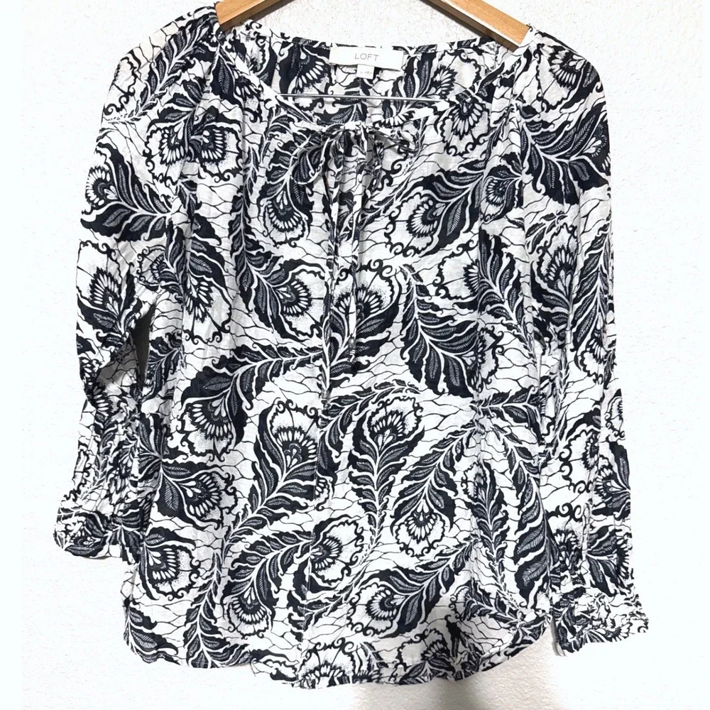 LOFT Womens Navy Blue White Paisley Feather Silk Blend Tie Blouse Peasant‎ Sz M